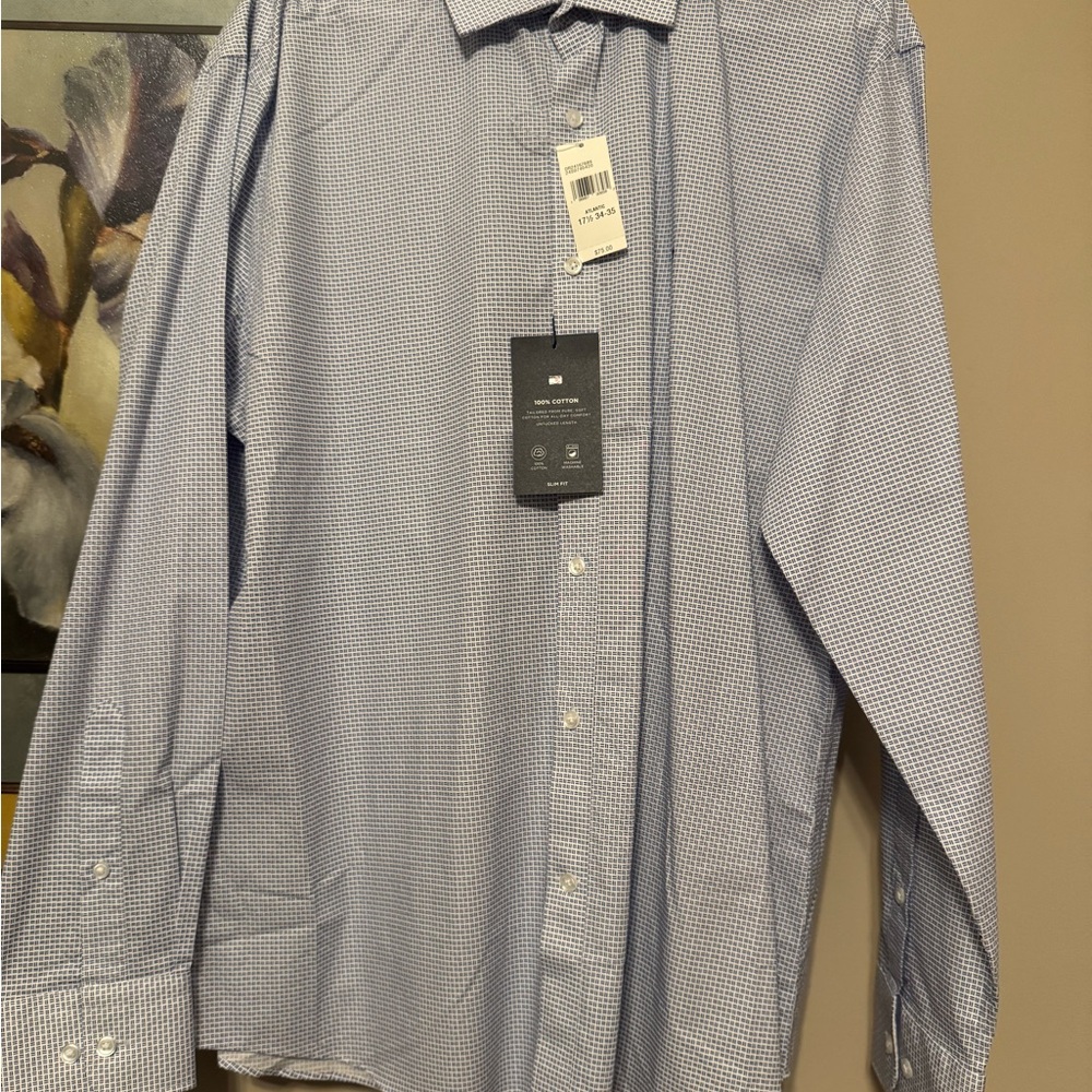 Tommy Hilfiger Men's Blue Patterned Dress Shirt. NWT. Size 17 1/2,  XL, 34/35